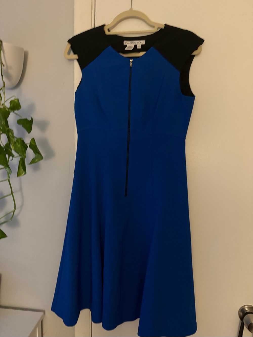 Women’s Maggy London Blue and Black Cap Sleeve Fit-and-Flare Dress